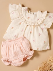 Purebaby White Floral Embroidered Top and Bloomer Set - Image 2 of 5