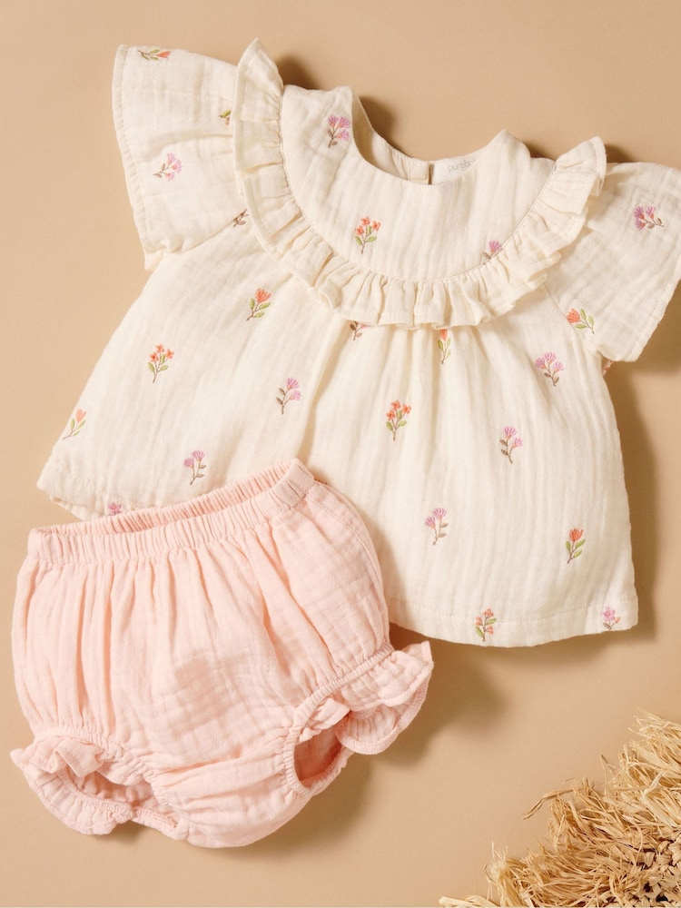 Purebaby White Floral Embroidered Top and Bloomer Set - Image 2 of 5 Purebaby White Floral Embroidered Top and Bloomer Set - Image 2 of 5