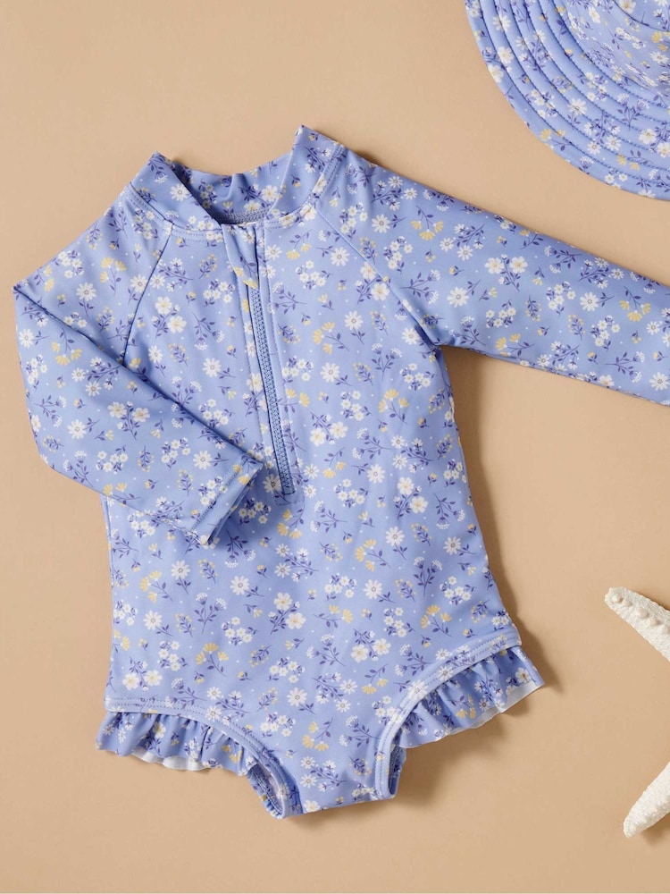 Purebaby Blue Floral Long Sleeve Swimsuit - Image 2 of 6