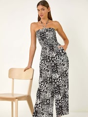 Roman Black Abstract Print Shirred Bandeau Jumpsuit - Image 1 of 5