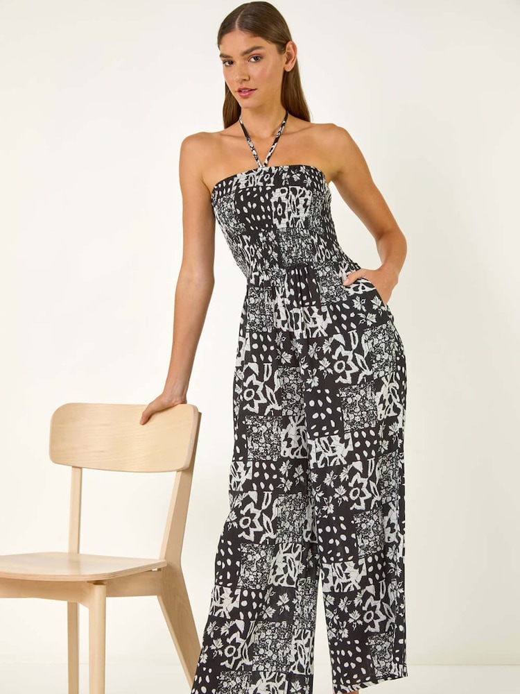 Roman Black Abstract Print Shirred Bandeau Jumpsuit - Image 1 of 5