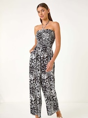 Roman Black Abstract Print Shirred Bandeau Jumpsuit - Image 2 of 5