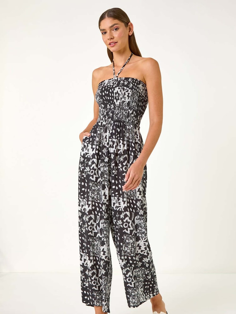 Roman Black Abstract Print Shirred Bandeau Jumpsuit - Image 2 of 5
