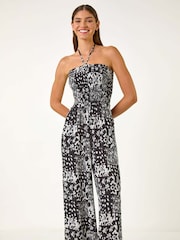 Roman Black Abstract Print Shirred Bandeau Jumpsuit - Image 3 of 5
