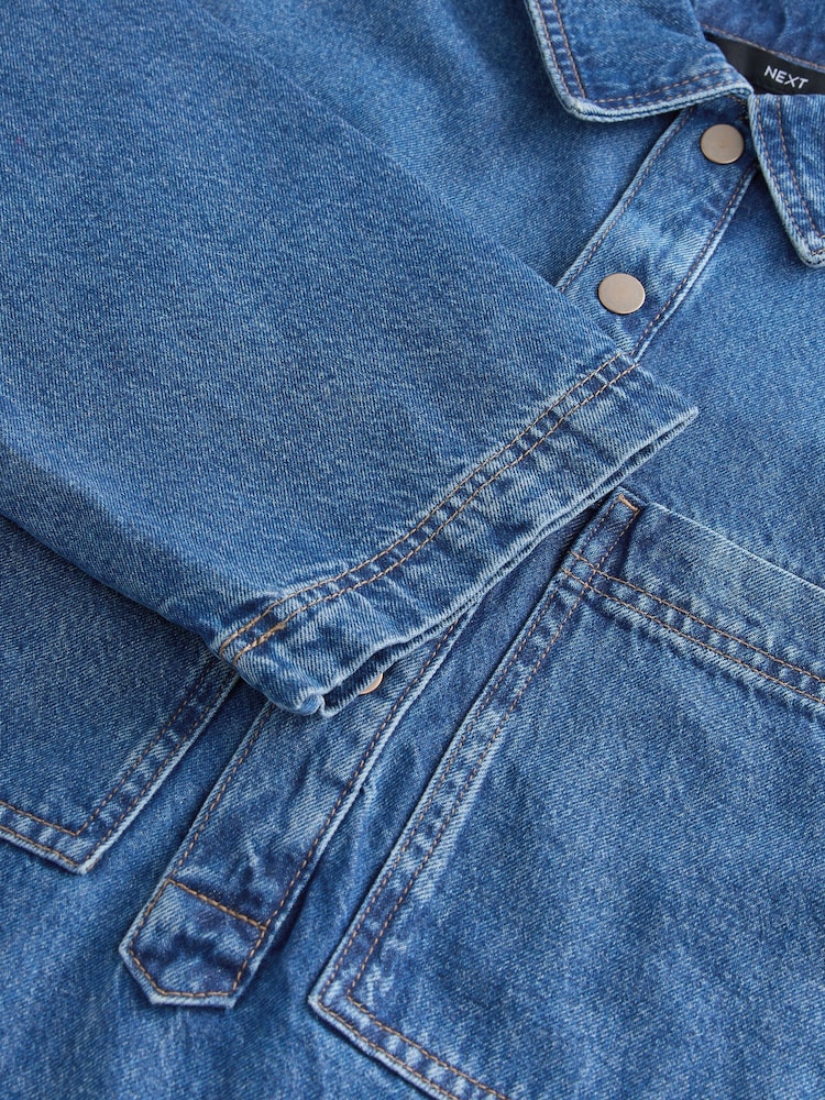 Mid Blue Mini Long Sleeve Utility Denim Dress - Image 2 of 3