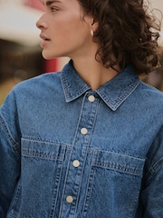 Mid Blue Mini Long Sleeve Utility Denim Dress - Image 5 of 8