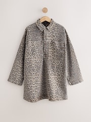 Leopard Print Mini Long Sleeve Utility Denim Dress - Image 1 of 3
