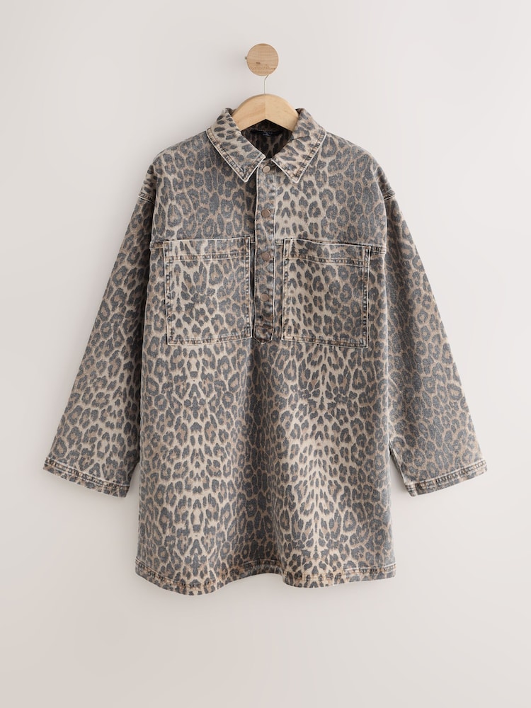 Leopard Print Mini Long Sleeve Utility Denim Dress - Image 1 of 3
