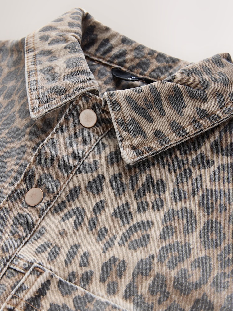 Leopard Print Mini Long Sleeve Utility Denim Dress - Image 2 of 3