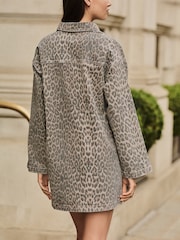 Leopard Print Mini Long Sleeve Utility Denim Dress - Image 4 of 8