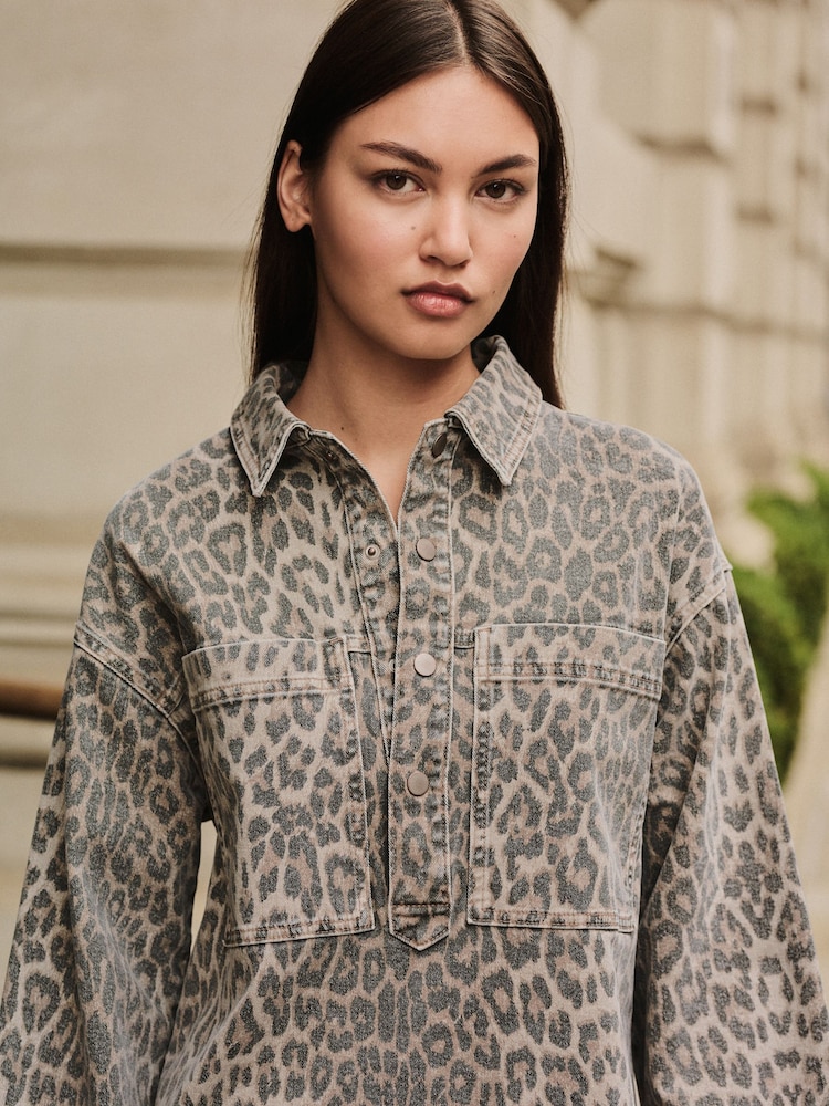 Buy Leopard Print Mini Long Sleeve Utility Denim Dress from Next USA