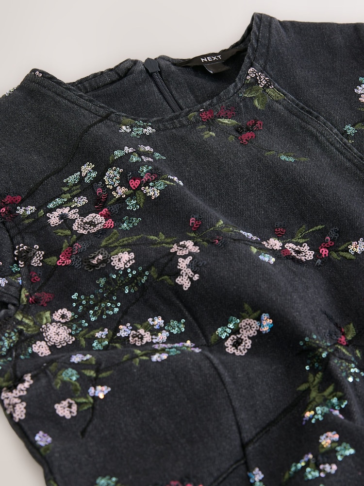 črna - Embellished Cap Sleeve Denim Mini Dress - Slika 8 iz 8