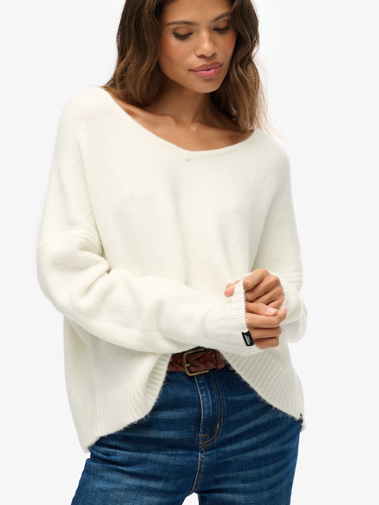 Superdry White Brushed Oversized V-Neck Jumper - Image 1 of 5