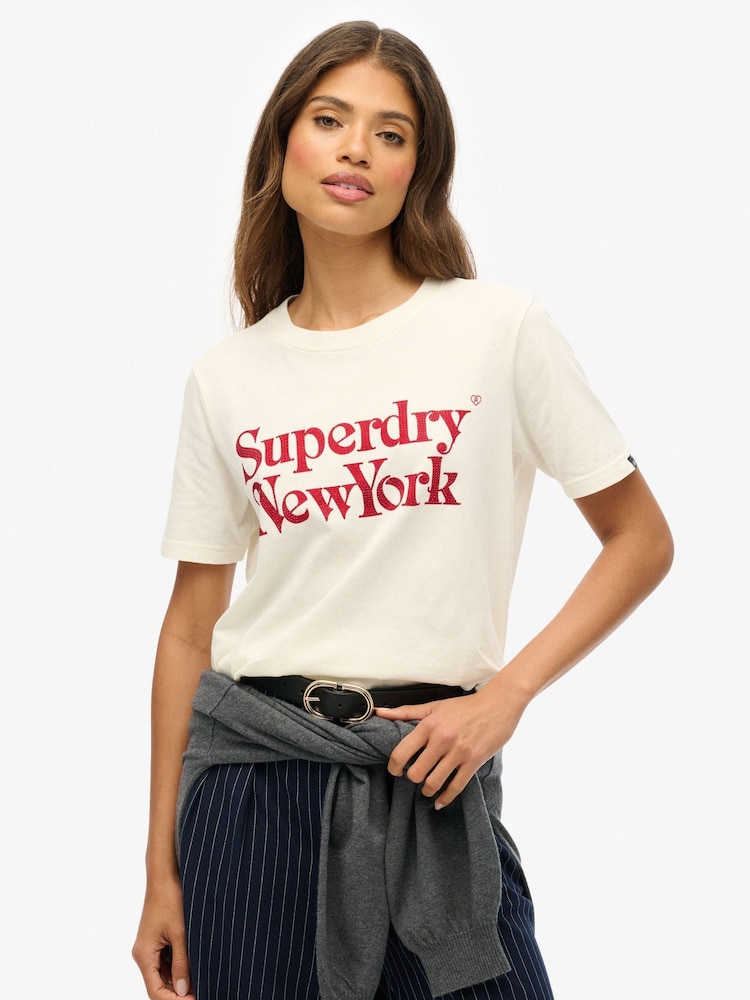 Superdry White Relaxed Brand Mark T-Shirt - Image 1 of 6 Superdry White Relaxed Brand Mark T-Shirt - Image 1 of 6