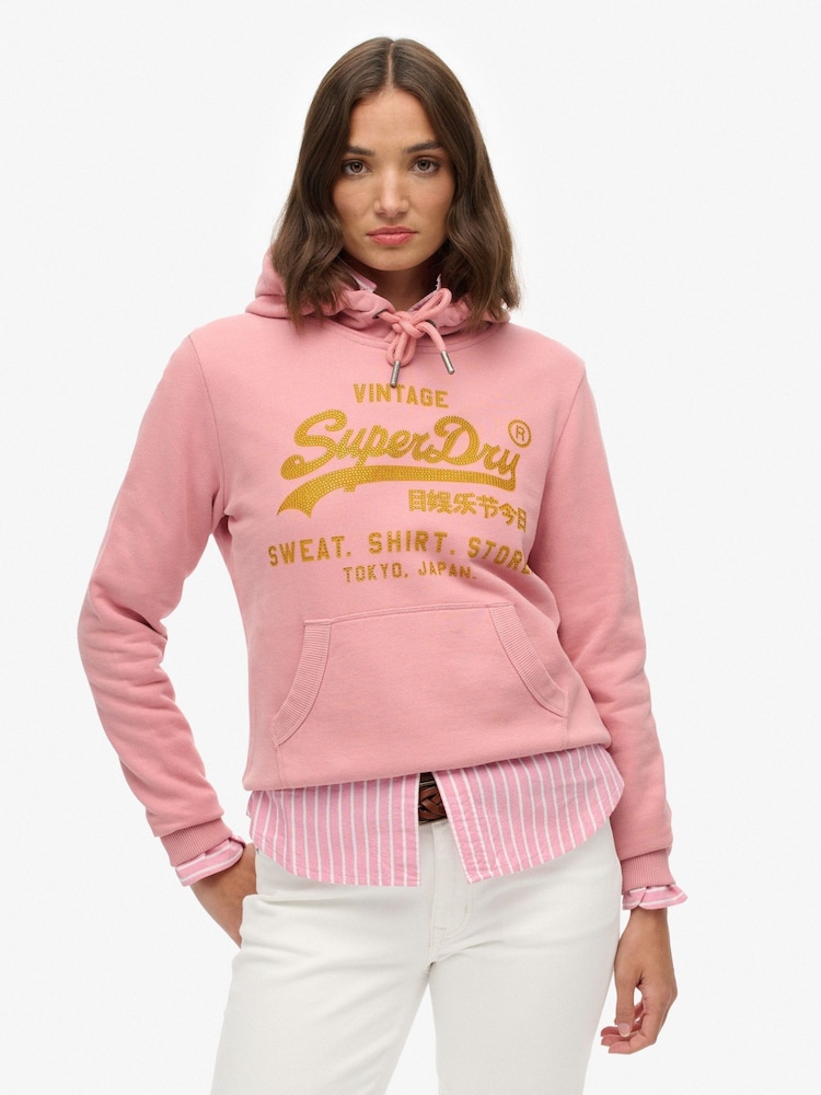 Superdry Pink Embellished Vintage Logo Relaxed Hoodie - Image 1 of 6 Superdry Pink Embellished Vintage Logo Relaxed Hoodie - Image 1 of 6