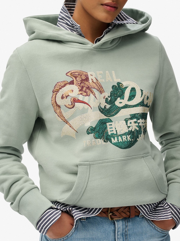Superdry Green Tokyo Vintage Logo Relaxed Hoodie - Image 2 of 6 Superdry Green Tokyo Vintage Logo Relaxed Hoodie - Image 2 of 6