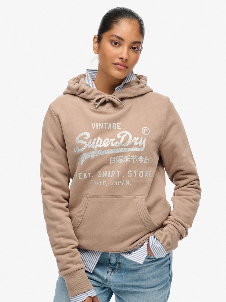Superdry Brown Relaxed Embellished Vl Hoodie - Image 1 of 6 Superdry Brown Relaxed Embellished Vl Hoodie - Image 1 of 6