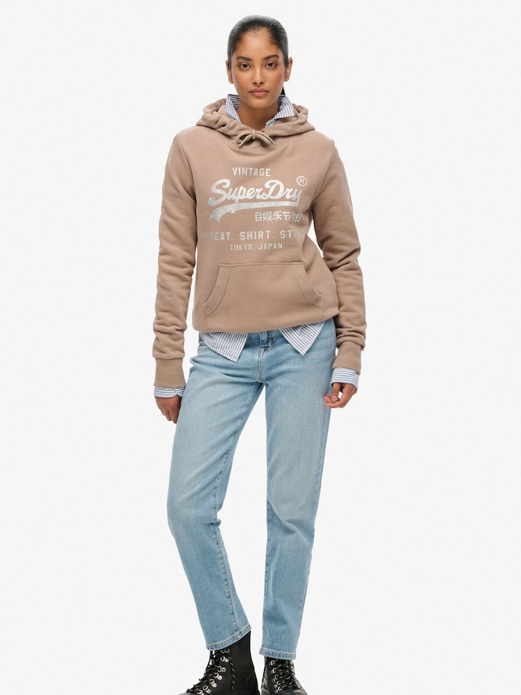 Superdry Brown Relaxed Embellished Vl Hoodie - Image 2 of 6 Superdry Brown Relaxed Embellished Vl Hoodie - Image 2 of 6