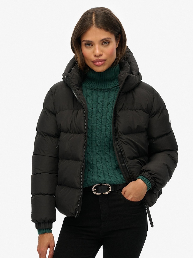 Superdry Black Hooded Sports Puffer Jacket - Image 1 of 8 Superdry Black Hooded Sports Puffer Jacket - Image 1 of 8