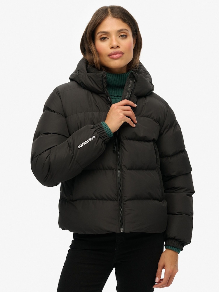 Superdry Black Hooded Sports Puffer Jacket - Image 2 of 8 Superdry Black Hooded Sports Puffer Jacket - Image 2 of 8
