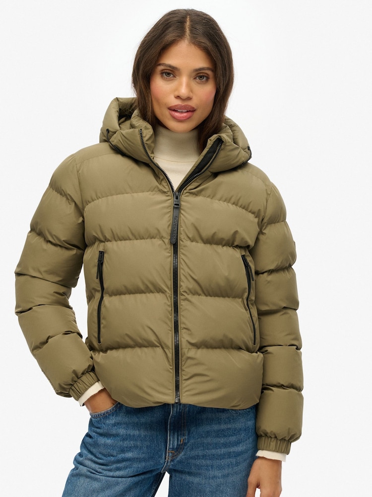 Superdry Green Hooded Sports Puffer Jacket - Image 1 of 7 Superdry Green Hooded Sports Puffer Jacket - Image 1 of 7