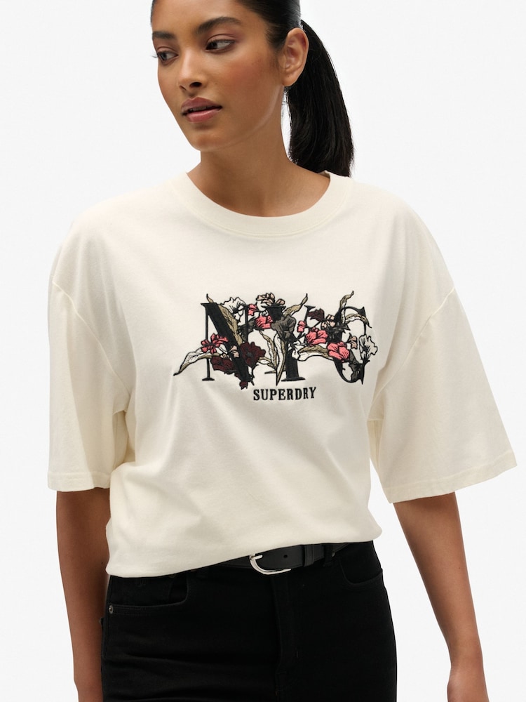Superdry Cream Oversized Night Garden T-Shirt - Image 1 of 5 Superdry Cream Oversized Night Garden T-Shirt - Image 1 of 5
