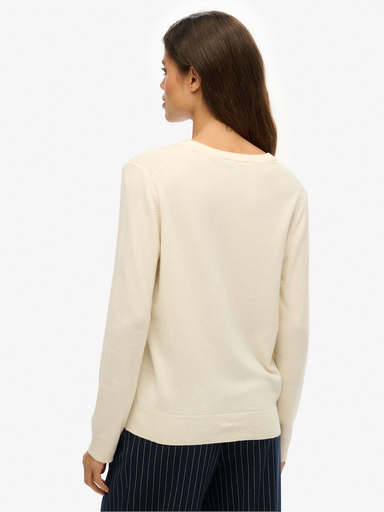 Superdry Cream Classic V-Neck Jumper - Image 2 of 4 Superdry Cream Classic V-Neck Jumper - Image 2 of 4
