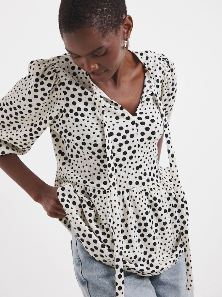 JD Williams Black Bow Blouson Peplum Hem Top - Image 1 of 4 JD Williams Black Bow Blouson Peplum Hem Top - Image 1 of 4