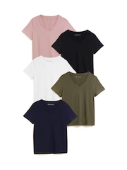 JD Williams Black Pink/Black/White/Khaki/Navy 5 Pack V-Neck T-Shirts - Image 1 of 5