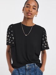 JD Williams Black Embellished Angel Sleeve Top - Image 1 of 4