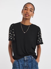 JD Williams Black Leopard Embellished Angel Sleeve Top - Image 4 of 4
