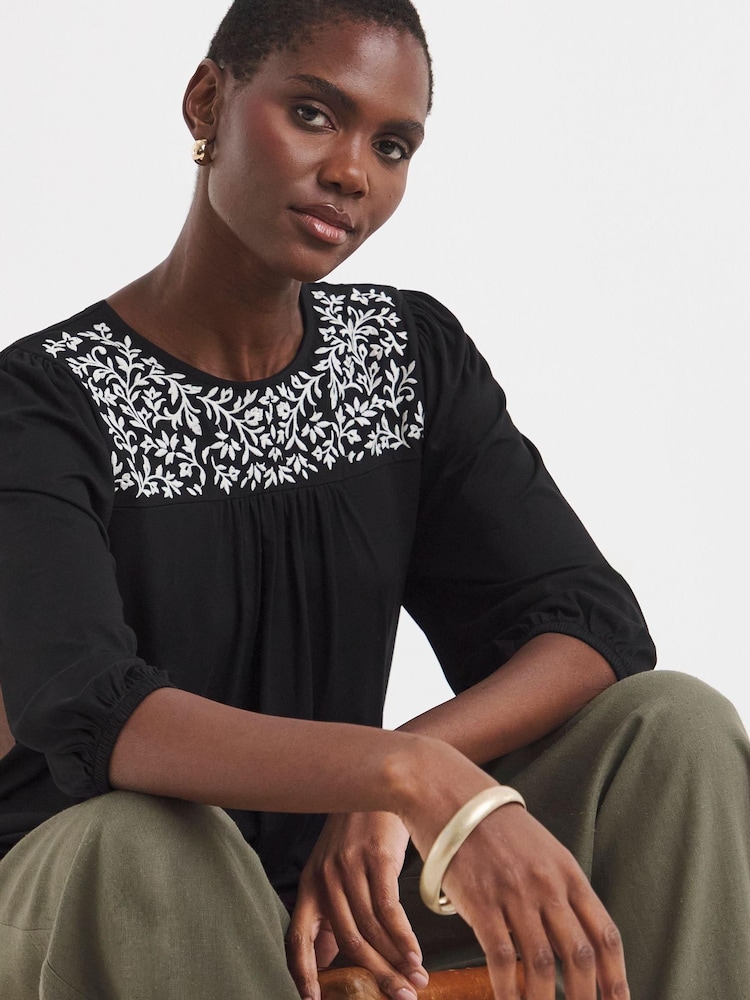 JD Williams Black Floral Embroidered Blouson Longline Top - Image 1 of 4