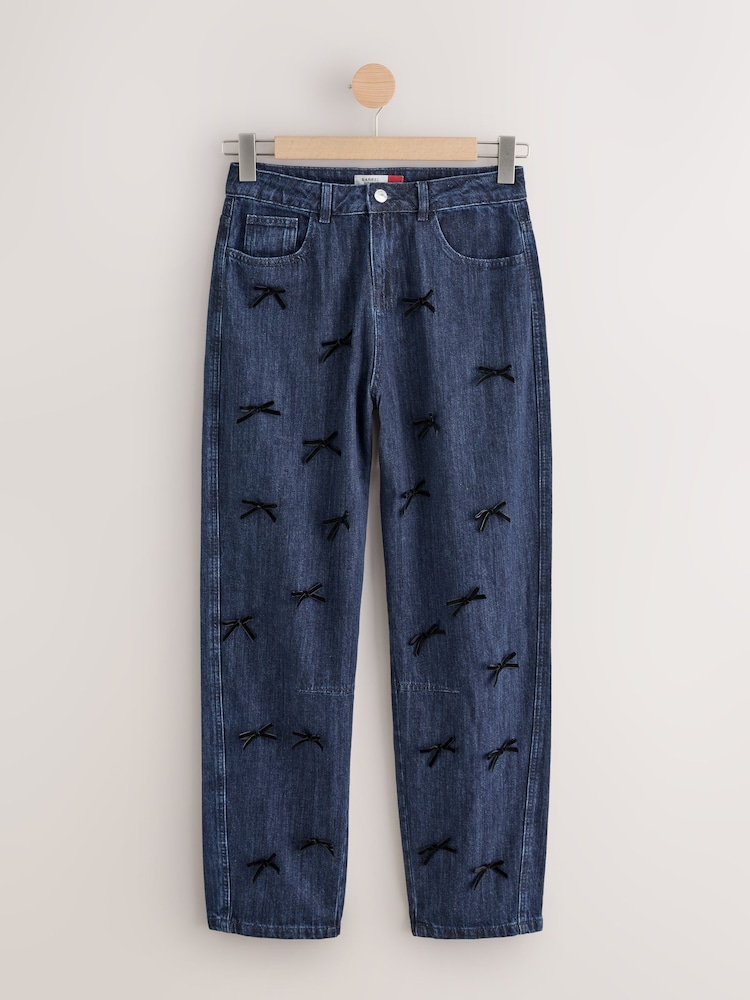 Rinse Blue Bow Embellished Barrel Leg Jeans - Image 1 of 5
