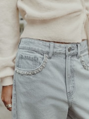 Grey Pocket Embellished Wide Leg Jeans - Image 4 of 5