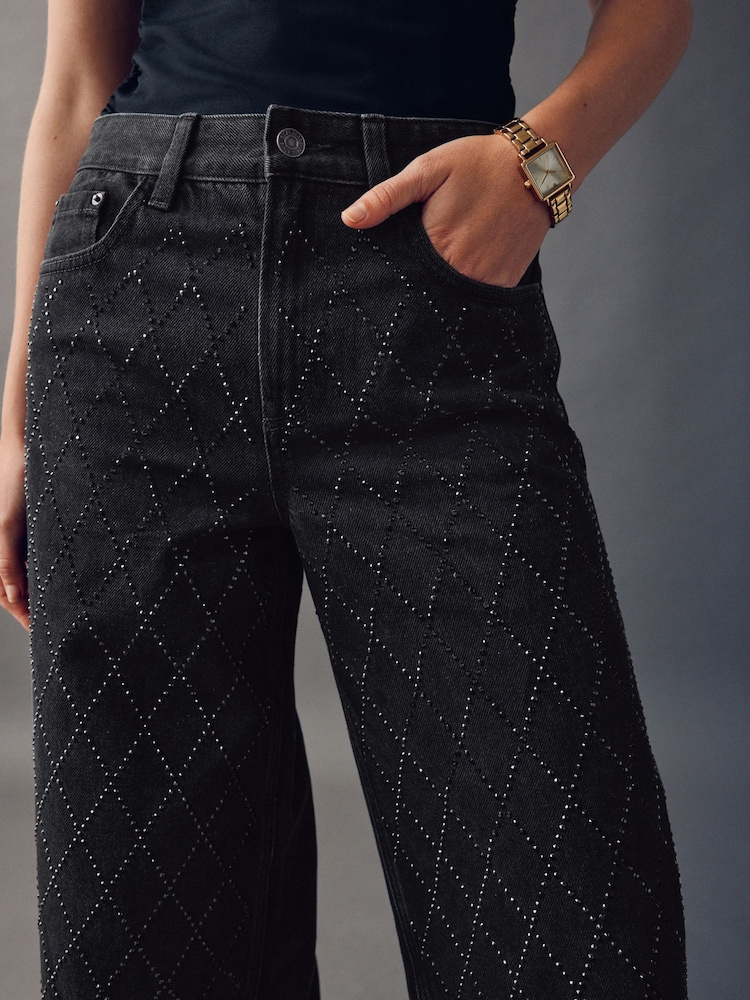 Buy Black Embellished Wide Leg Jeans from the Next UK online shop