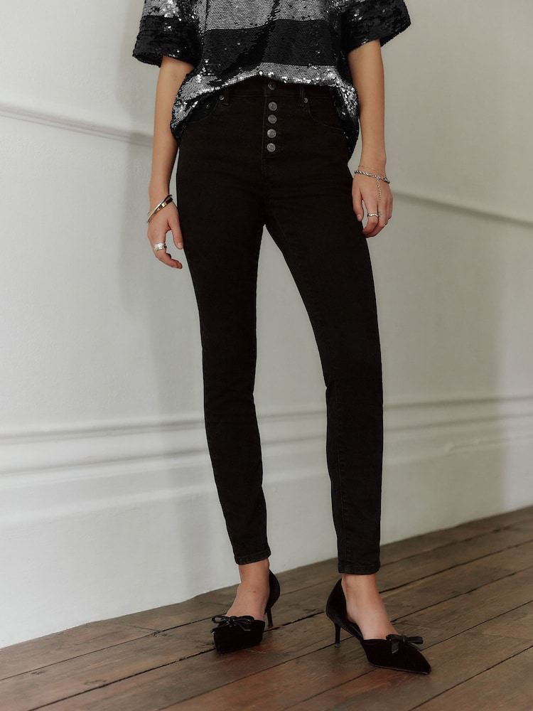 Black Button Fly Skinny Jeans - Image 2 of 5