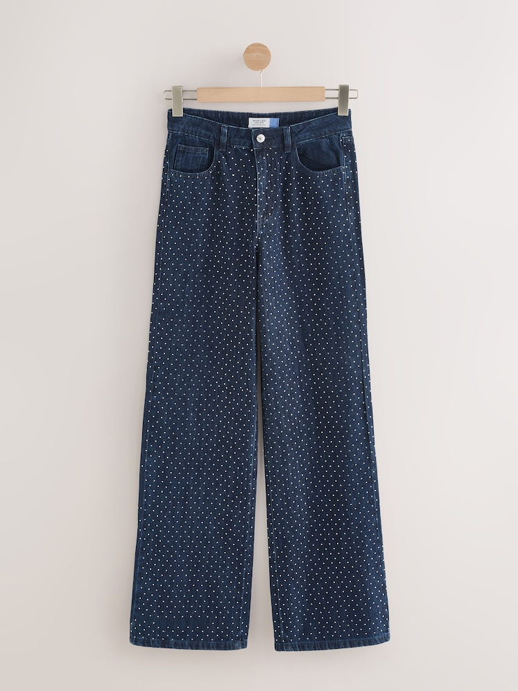 Rinse Blue Embellished Wide Leg Jeans - Image 1 of 4 Rinse Blue Embellished Wide Leg Jeans - Image 1 of 4