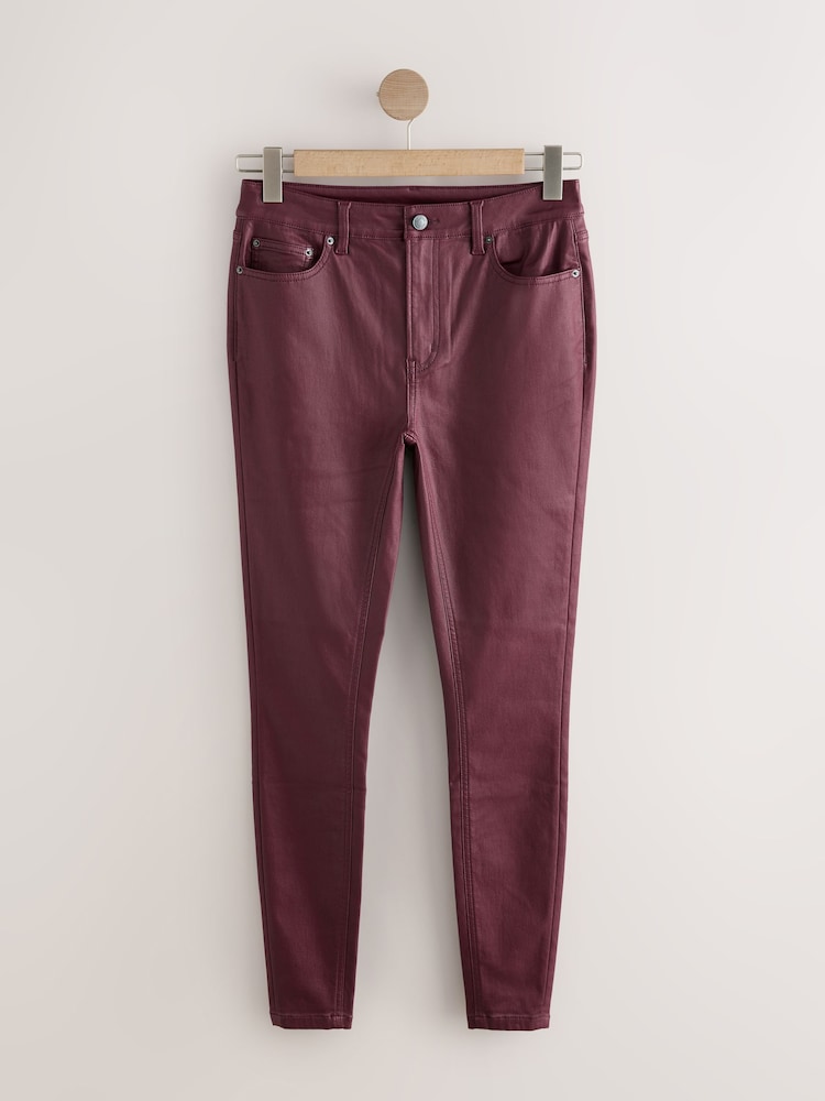 Burgundy Red Coated Denim Skinny Jeans