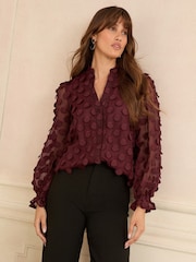 Love & Roses Burgundy Red 3D Spot Long Sleeve Blouse - Image 1 of 4