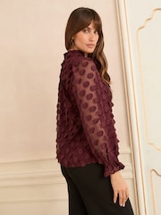 Love & Roses Burgundy Red 3D Spot Long Sleeve Blouse - Image 4 of 4