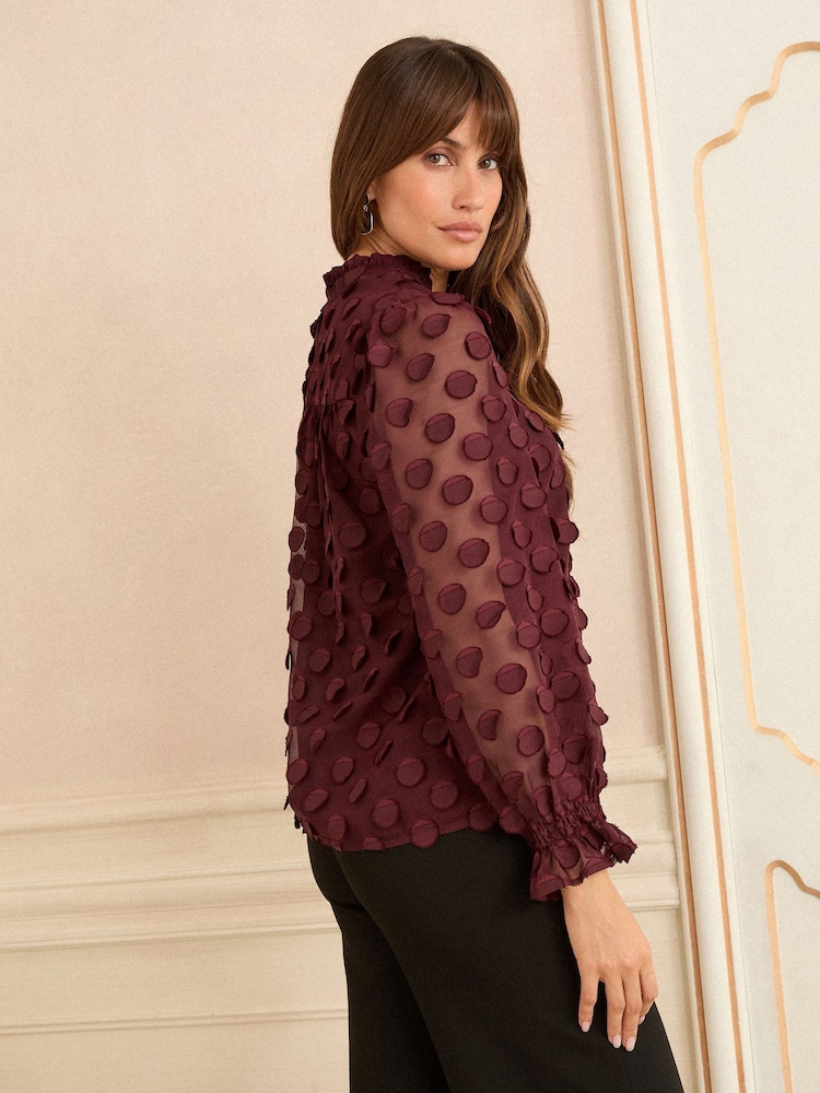 Love & Roses Burgundy Red 3D Spot Long Sleeve Blouse - Image 4 of 4