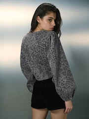 Leopard Print Tie Front Wrap Denim Blouse - Image 4 of 8