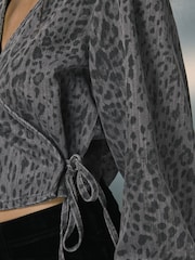 Leopard Print Tie Front Wrap Denim Blouse - Image 5 of 8
