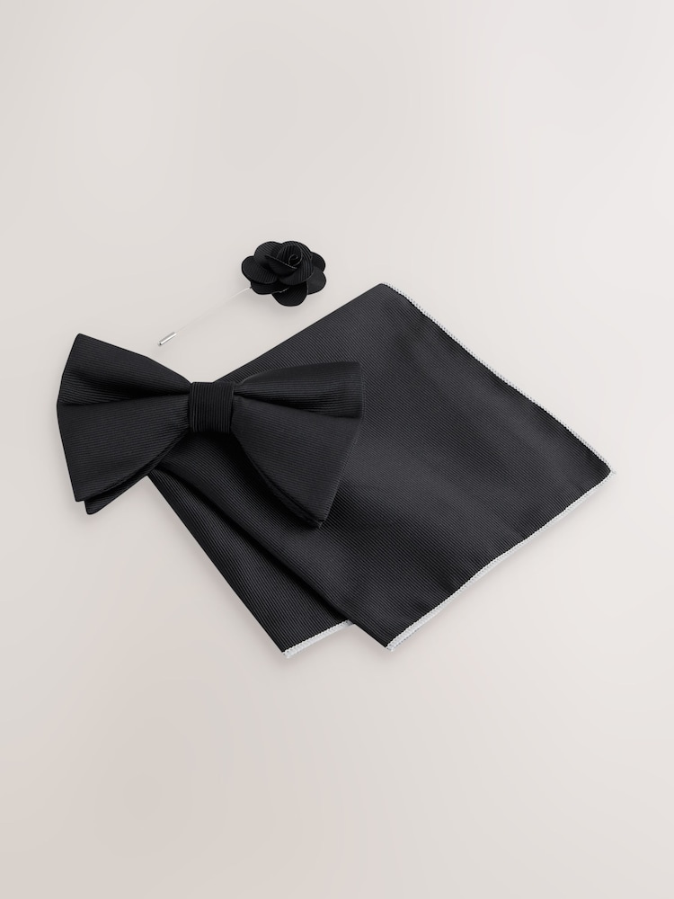 Black Bow with Pocket Square and Flower Pin - Image 1 of 3
