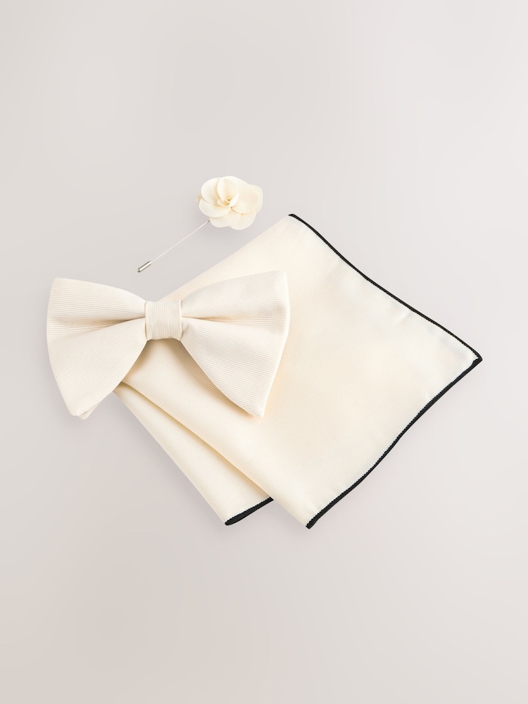 White Bow with Pocket Square and Flower Pin - Image 1 of 3