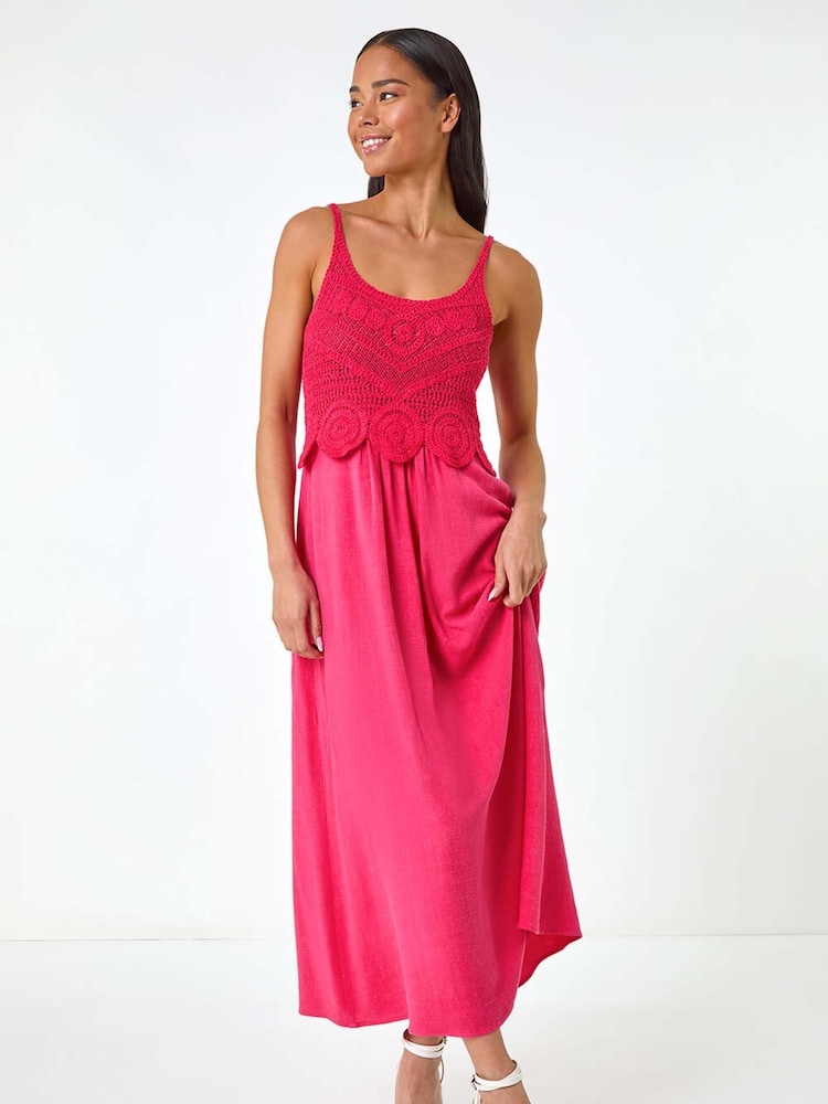 Roman Pink Petite Crochet Contrast Midi Dress - Image 2 of 5