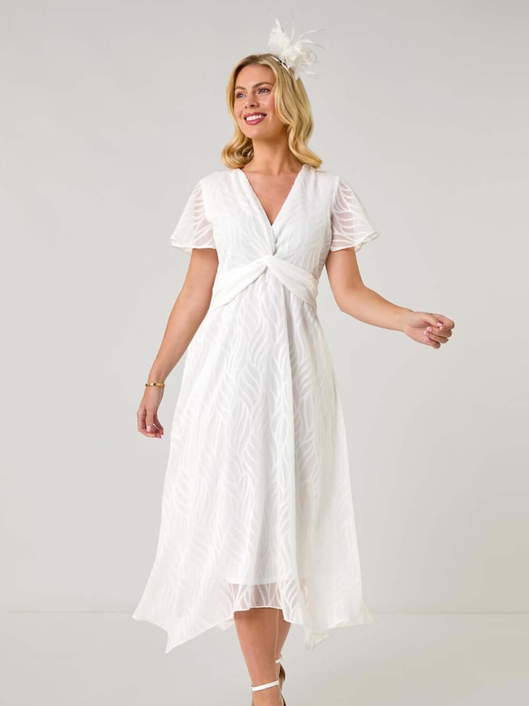 Roman White Petite Front Twist Jacquard Dress - Image 1 of 5