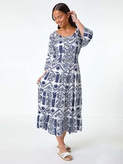 Roman Blue Petite Abstract Print Button Midi Dress - Image 1 of 5