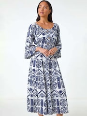 Roman Blue Petite Abstract Print Button Midi Dress - Image 2 of 5