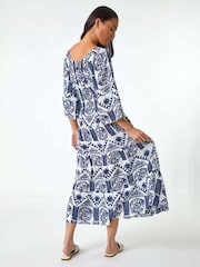 Roman Blue Petite Abstract Print Button Midi Dress - Image 3 of 5